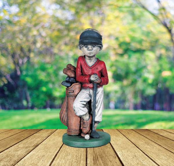 Golfer Boy Cement Garden Statue Clubs ball Golf shoes Young Child